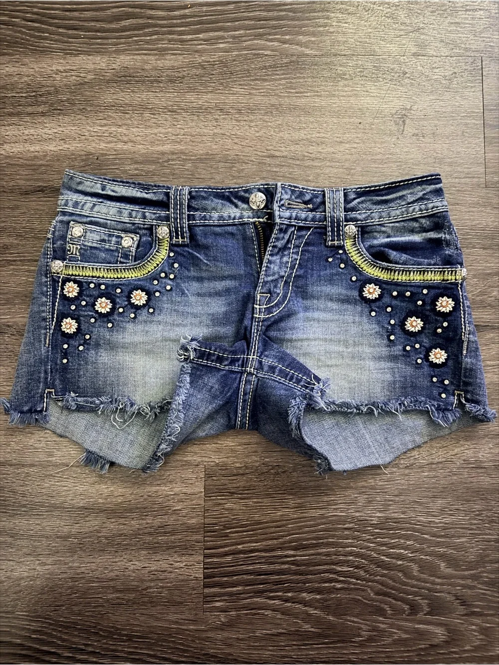 Miss Me Denim Embroidered Shorts with Floral Back Pockets